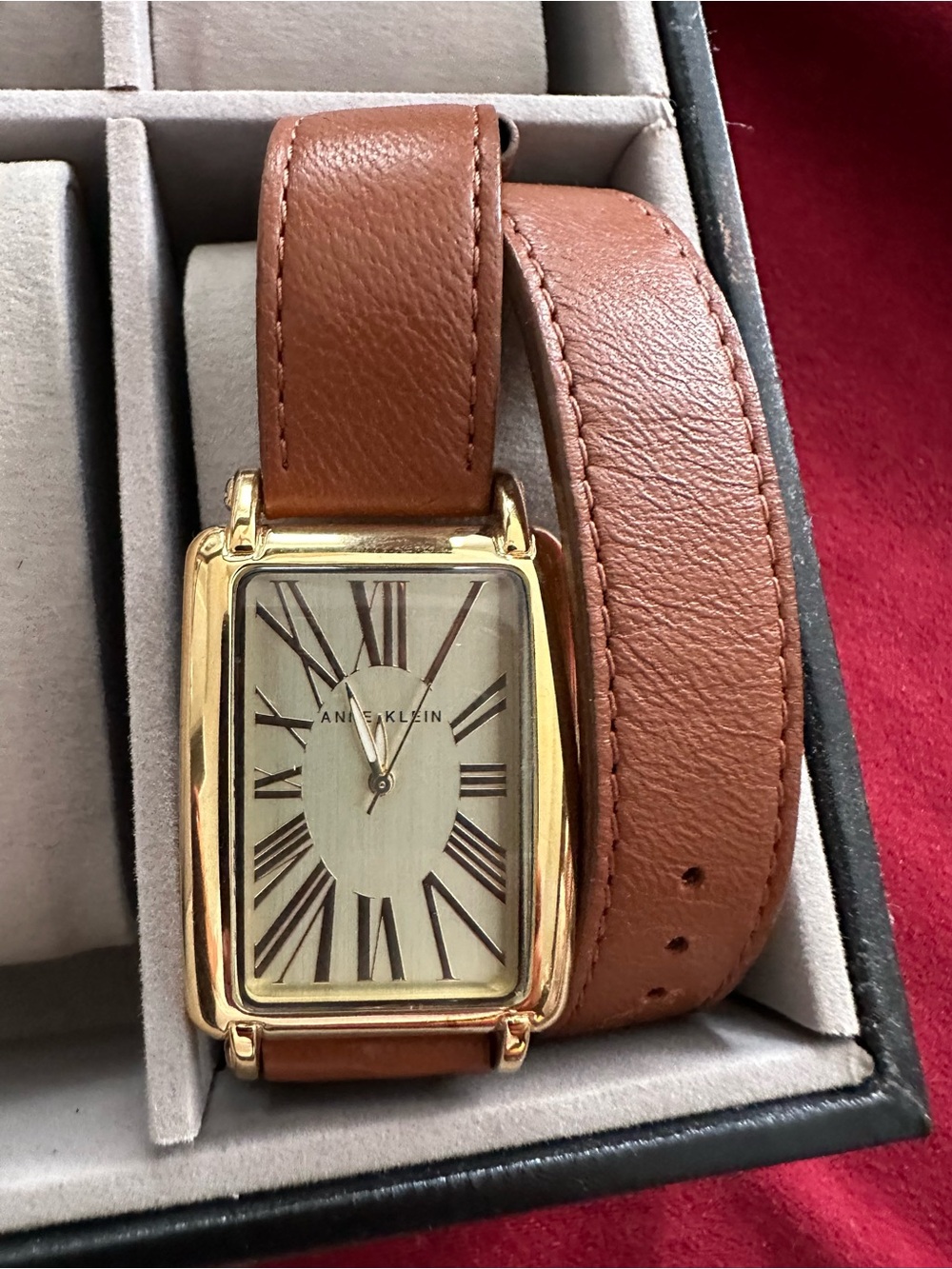 Anne Klein Gold-Tone Rectangular Dial Watch with Brown Wrap Leather Strap